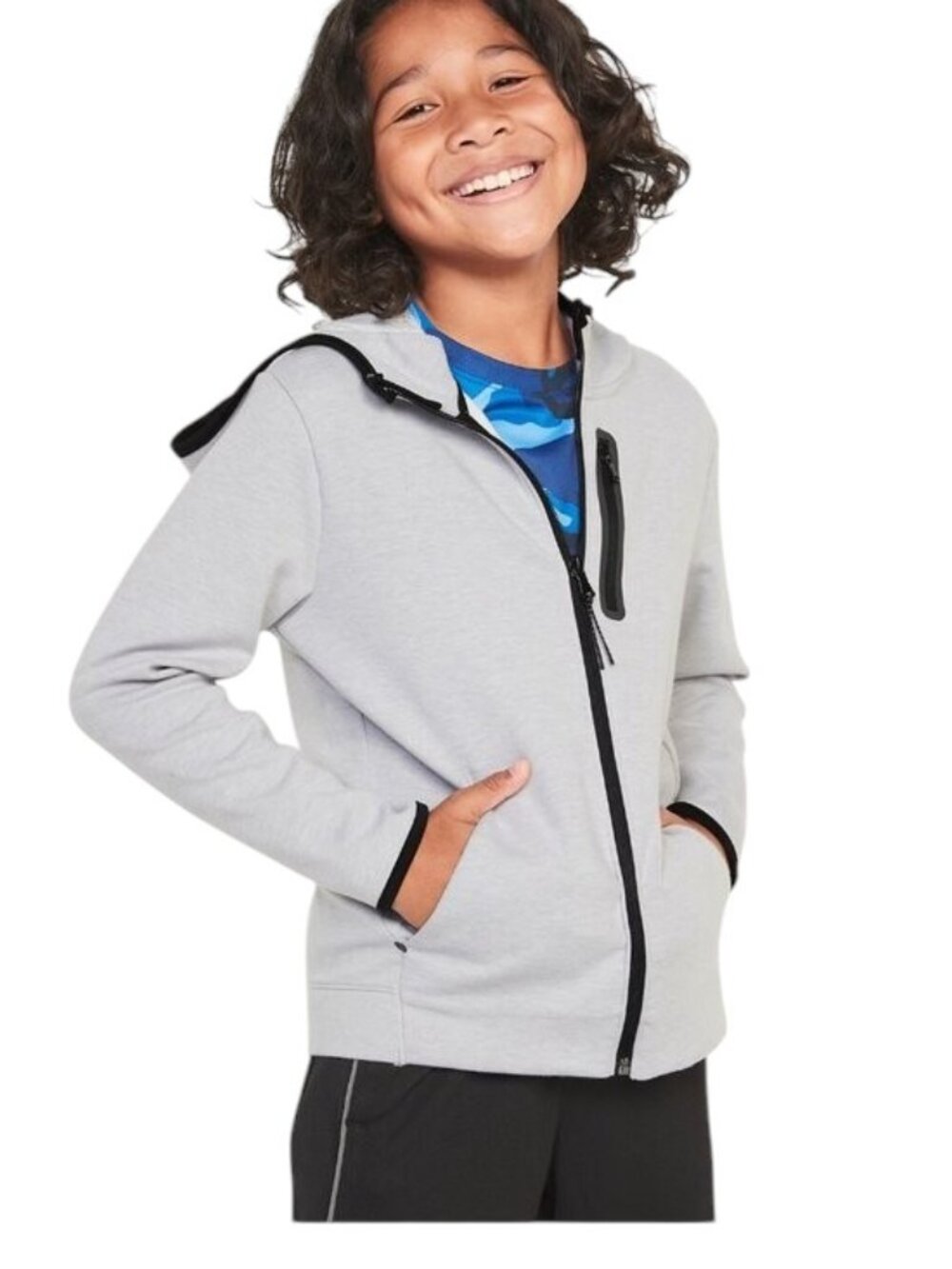 Kids Old Navy Active Dynamic Fleece Light Gray Full Zip Chest Zip Pocket Hoodie